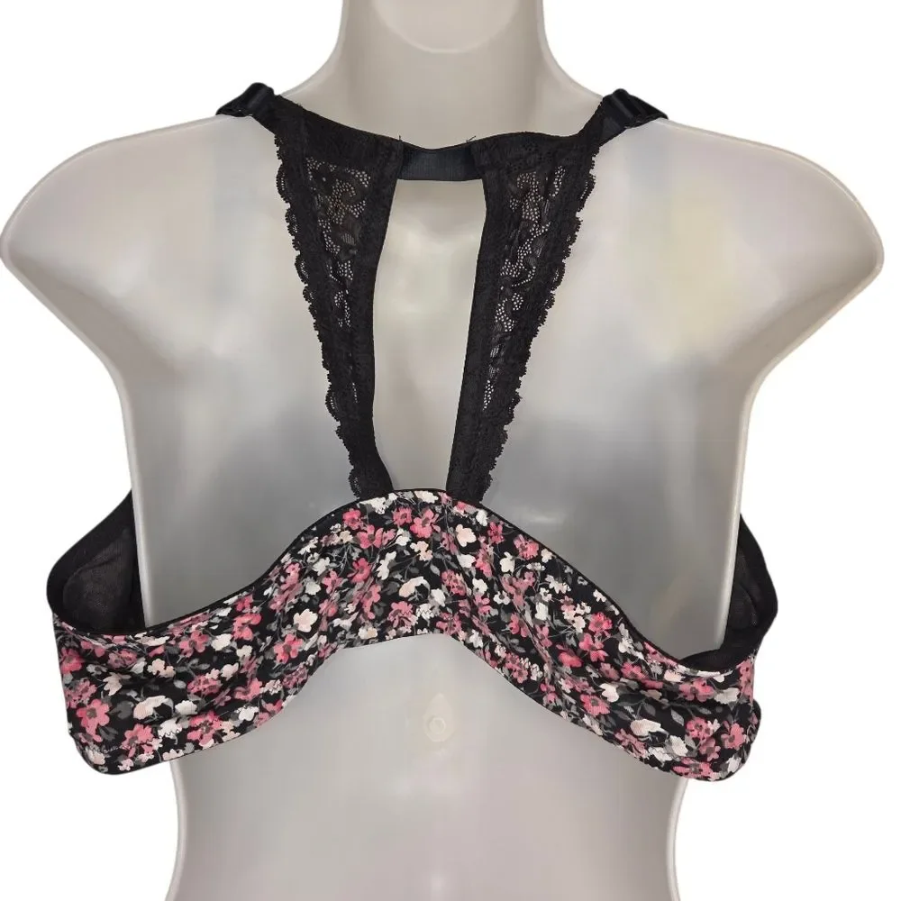 Cacique Boost Plunge Black & Pink Floral Underwire Bra Size 42DD